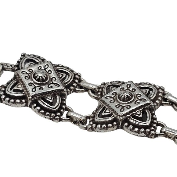 Brighton 7" Chunky Bracelet Medallion Panel Silver Tone Signed Vtg Raised Square - Picture 13 of 16